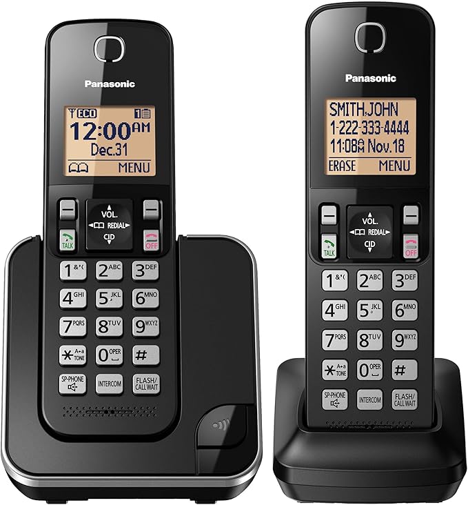 Panasonic Expandable Cordless Phone System with Amber Backlit Display – 2 Handsets – KX-TGC352B (Black)