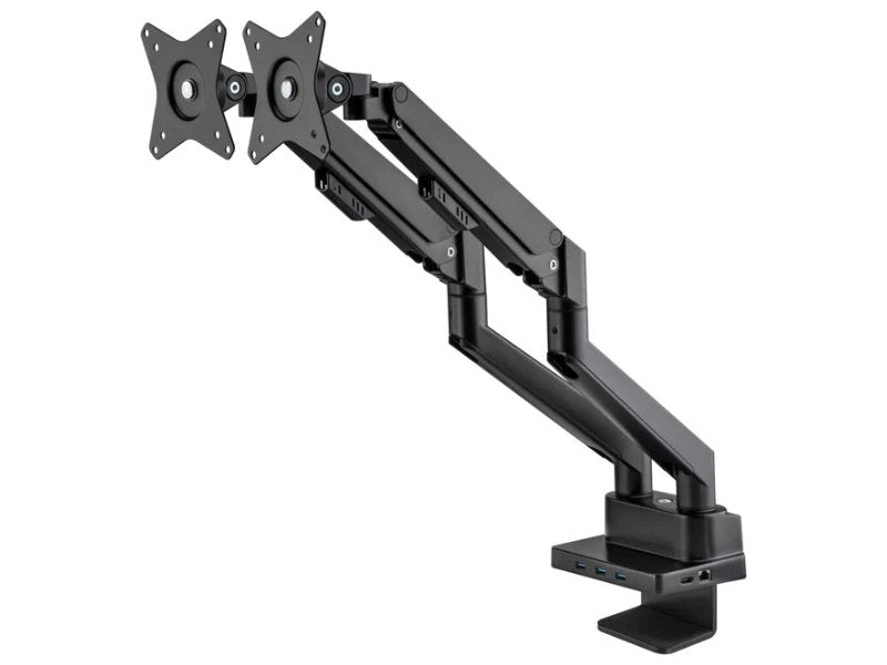 ALUMINUM GAS SPRING DUAL MONITOR DESK MOUNT WITH 8-IN-1 DOCKING STATION