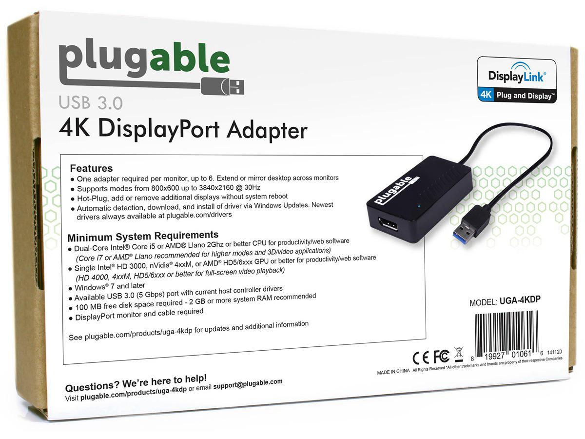 Plugable USB 3.0 to DisplayPort 4K UHD Video Graphics Adapter for Multiple Monitors up to 3840x2160 Supports Windows 11, 10, 8.1, 7, and macOS