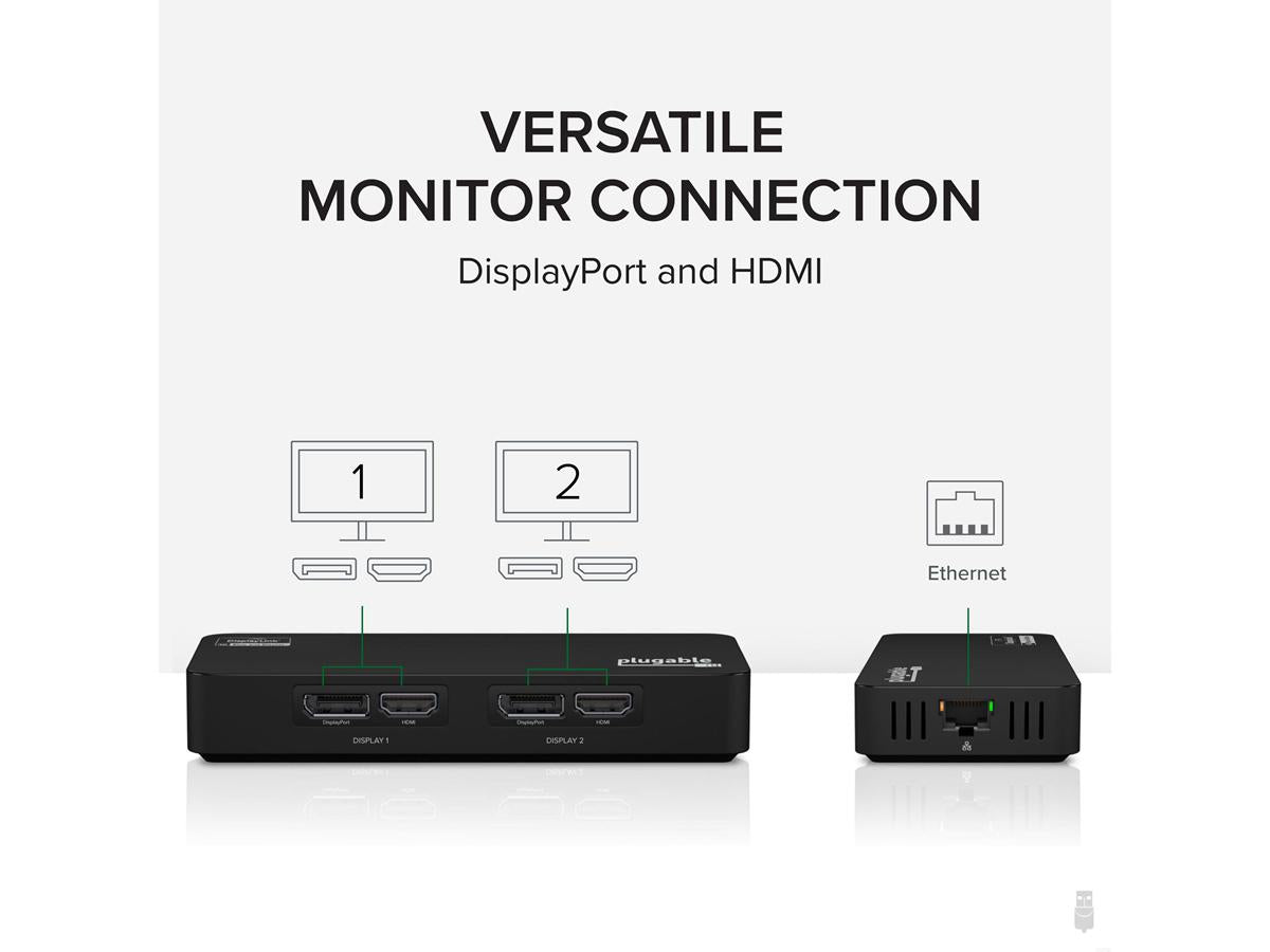 Plugable 4K DisplayPort and HDMI Dual Monitor Adapter with Ethernet for USB 3.0 and USB-C, Compatible with Windows and Mac - TAA