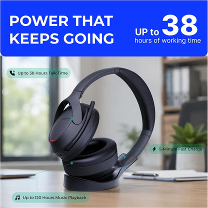 Yealink BH78 Bluetooth Headset Noise Cancelling with Microphone, Over the Ear Headphones for Work Zoom/Microsoft Teams Certified, Adaptive ANC for Office Wireless Computer Headsets USB-C/A with Stand