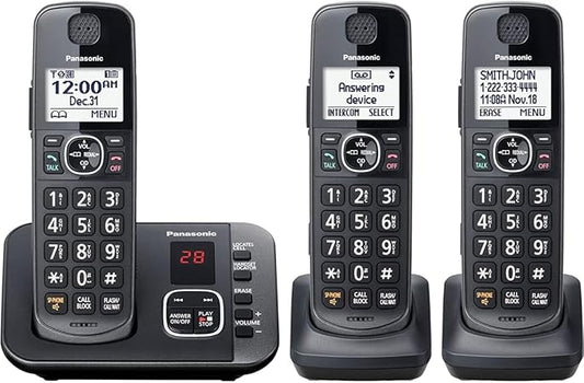Panasonic DECT 6.0 Expandable Cordless Phone System with Answering Machine and Call Blocking - 3 Handsets - KX-TGE633M (Metallic Black)