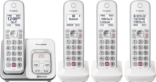 Panasonic Cordless Phone with Answering Machine, Link2Cell Bluetooth, Voice Assistant and Advanced Call Blocking, Expandable System with 4 Handsets - KX-TGD864W (White)