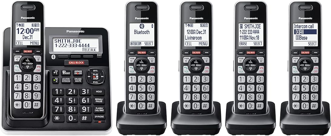 Panasonic Cordless Phone with Advanced Call Block, Link2Cell Bluetooth, One-Ring Scam Alert, and 2-Way Recording with Answering Machine, 5 Handsets - KX-TGF975B (Black with Silver Trim)
