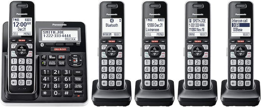 Panasonic Cordless Phone with Advanced Call Block, Link2Cell Bluetooth, One-Ring Scam Alert, and 2-Way Recording with Answering Machine, 5 Handsets - KX-TGF975B (Black with Silver Trim)