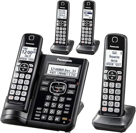 Panasonic Cordless Phone System with Answering Machine, One-Touch Call Block, Enhanced Noise Reduction, Talking Caller ID and Intercom Voice Paging - 4 Handsets - KX-TGF544B (Black)