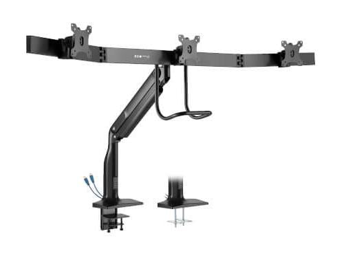 Safe-IT Precision-Placement Triple-Display Desk Clamp/Grommet with premium gas spring arm and Antimicrobial Tape for 17IN to 32IN Displays,