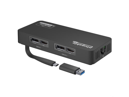 Plugable 4K DisplayPort and HDMI Dual Monitor Adapter with Ethernet for USB 3.0 and USB-C, Compatible with Windows and Mac - TAA