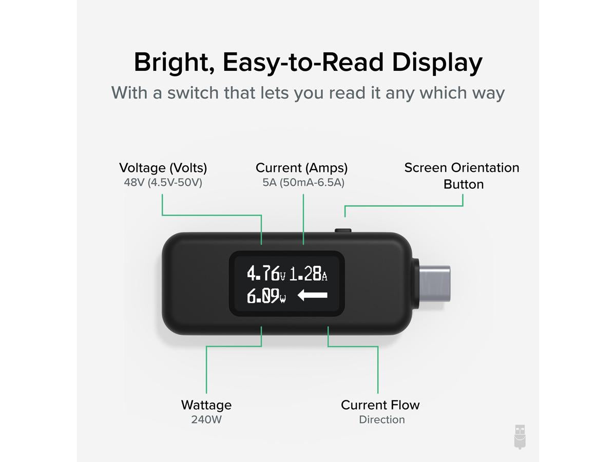 Plugable USB C Power Meter Tester for Monitoring USB-C Connections up to 240W Digital Multimeter Tester for USB-C Cables, Laptops, Phones, Chargers -