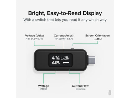 Plugable USB C Power Meter Tester for Monitoring USB-C Connections up to 240W Digital Multimeter Tester for USB-C Cables, Laptops, Phones, Chargers -